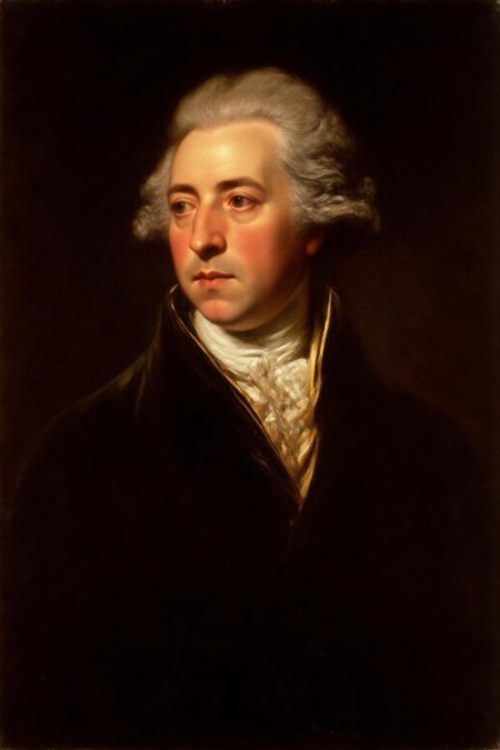 jore1 painting. 
A 18th-century man with a serious, contemplative expression. The man has a pale complexion and curly, light-colored hair styled in a powdered wig, typical of the period. He has a prominent forehead, a slightly pointed chin, and expressive, slightly downturned eyes. The background is a deep, dark brown, which contrasts sharply with the lighter tones of the subject's face and attire, drawing attention to him. The man is dressed in the fashion of the late 18th century, wearing a dark, high-collared coat with a white cravat tied in a intricate, elaborate style around his neck.
 <lora:jore1_cap_d6a3e12:1.0><lora:818387687615556442:0>