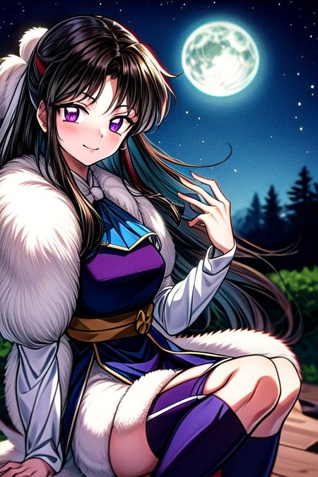 masterpiece,  best quality 1girl Setsun4 solo long hair,  (night time) forest background black hair very long hair purple eyes multicolored hair armor (fur trim) (medium body),<lora:EMS-179-EMS:0.800000>,<lora:EMS-293862-EMS:0.800000> bow, hair_bow, hair_tubes, red_bow, brown_hair, long_hair, bangs, sidelocks, ascot, brown_eyes, frilled_bow, yellow_ascot, blush, smile, hair_between_eyes