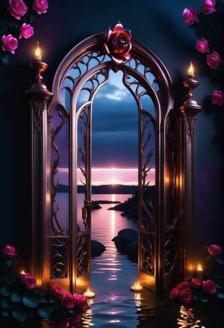 sunrise shines,landscape of a reij-ebsu gate <lora:ebony sunset-000001:1>, empty place, the gate surrounded by flowers is made of pam-flwr <lora:SDXL_FLOWER_STYLE:0.9>, a reij-mg outdoor room, neon light <lora:reij-moderngothic:0.8>, open gate made out of Jed-ANC <lora:ArtNouveauCopperStyle:0.9>, RAW photo, landscape of a (Dragonstone Fortress of the Flame Keepers:1.3) and Caves, it is Absurd and 1600'S, inside a Lake, Spring, Sad, Dark Wave Art, moody lighting, Kodak UltraMax 400, F/2.8, synthwave, neon-lit, elaborate, highly detailed, handsome, contemporary