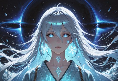 masterpiece,best quality,amazing quality,absurdres, BREAK 
1girl, light blue kimono, floating snowflakes, glowing light blue cracks, starless sky, black hole backdrop, eldritch runes, chains (broken), ice magic, pale skin, glowing blue eyes, floating debris, apocalyptic aura, portrait: symmetrical framing, cosmic horror, anti-gravity hair, white hait, long hair,  reality distortion, forgotten civilization