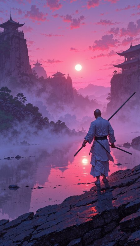 dark fantasy aesthetic. , digital artwork of a futuristic,  , epic.  luminescence, ultra realistic, hyper detailed, soft lighting , (Frank Frazetta), epic scale.
(detailed digital painting, detailed oil painting).

transparency, reflections, water, Roger Dean, Rodney Matthews,,Tibet, Mysticism. The concept. Surrealism. An allegory. A complex, multidimensional. before dawn. Dark. In front of the old and beautiful Shaolin Monastery. A lone Shaolin monk in white clothes is practicing with a pole cutting through the dense morning fog. Bald, with a dry, strong build. Fully dressed. A light dust rises from his light footsteps. Dynamic pose, wide pose, beautiful pose, in motion, swing and strike with a pole. blurred focus from movement. Pink gradient morning sky. Rare stars.. impressive lighting, ,. An otherworldly atmosphere., . unimaginable quality, 8K, UHD, , nigiex. Depth of field, masterpiece., . An otherworldly atmosphere, Mysticism. mythp0rt, InCase Style. nigiex. . (Depth of field), low saturation,detail. mythp0rt Stylish, charismatic. (depth of field) mythp0rt, nigiex.. ,.

masterpiece, best quality, medium-format camera,  high-contrast, dramatic lighting, striking composition,  

The background is minimalist, a gradient of shadowy blue tones, amplifying the ethereal and futuristic ambiance of the scene. The overall composition feels cinematic, blending high fashion with a science fiction aesthetic. . Exquisite cyberpunk. retroFuturism.Frank Frazetta,
..razum  
 .

 An otherworldly atmosphere.
(Depth of field), low saturation,detail. mythp0rt Stylish, charismatic. ,.
masterpiece,   ,KNRm,  
,

Otherworldly atmosphere. aidmamj6.1
(Depth of field), low saturation,detail. mythp0rt, Stylish, charismatic


