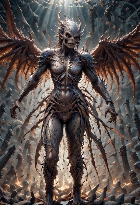 score_9, score_8_up, score_7_up, rating_explicit, intricate detail, chromatic aberration, realistic, detailed face, detailed legs, correct anatomy score_9,score_8_up,score_7_up,score_6_up,ciprealism, (masterpiece:1.2, best quality, ridiculous resolution, ultra detailed ),realistic ,painting,female angel (wings), ((flaming sword in hand)),extremely delicate and beautiful face, detailed face, realistic skin, (pale skin), action ((angel swings sword at demon)) 1 demon ((huge)), ((looks like an eerie spawn of hell)) (size difference: 1.4), divine bright night: 1.2), battle between good and evil, ((apocalyptic picture)), perspective, far, near, side, top, bottom