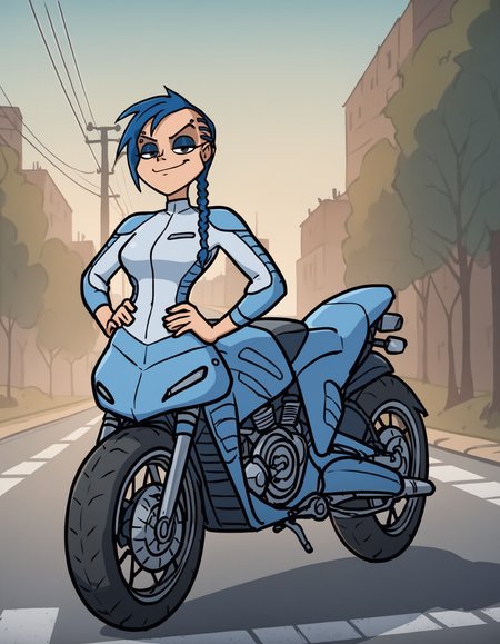 Score_9, score_8_up, score_7_up, score_6_up, score_5_up, score_4_up, 1girl, solo, (anna:1.2) as a (motorcycle_taur:1.3), vehicle girl, sports motorcycle, bikesuit , blue hair , braid, eyebrow piercing , eyeshadow , makeup ,  blue eyeshadow, wheel under waist, attached to front of motorcycle,, hands on waist, on street, looking at viewer, smug, wheels on road, attached to bike, vehicle from waist down, monster girl, <lora:Anna:.8>, fully in view, motorcycle fully in view
