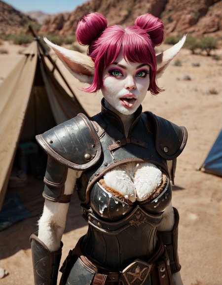 score_9, score_8_up, score_7_up, realistic, <lora:yatzli_lora_v2_7:0.7>, 1girl, solo, yatzli, furry female, (white face fur:1.1), nose, pink hair, double bun, large animal ears, pink lips, big eyes, freckles, green eyes, black eyeliner, pink eyeshadow, long eyelashes, (white body fur, furry breasts, furry arms:1.2), petite, armor, cleavage cutout, cleavage, (medium breasts:1.1), sagging breasts, bursting breasts, (skindentation:1.2), looking at viewer, open mouth, tongue out, arms at sides, cinematic lighting, depth of field, desert, tent, <lora:StS_PonyXL_Detail_Slider_v1.4_iteration_3:3>