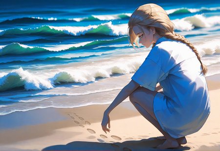 night shot of masterpiece, ultra-HD, impressionism (1.5), high detail, depth of field,
 katyastik, 1girl, solo, long hair, braid, blonde hair, jewelry, earrings, single braid, green eyes, single braid, stud earrings,  
solo, looking away, squatting, looking down, drawing on sand, barefoot, beach, ocean, waves, water, short sleeves, oversized clothes, shirt, sand, bare legs, very awa, (from behind:1.2), footprints, , masterpiece, best quality, year 2024, newest, highres, absurdres, very Aesthetic
 <lora:NOOB_vp1_detailer_by_volnovik_v1:1.4>  dark theme <lora:nhl-001:1> nhl-001, limited palette, realistic, <lora:katyastikTEST:1>. Dark, lit, moody, mysterious