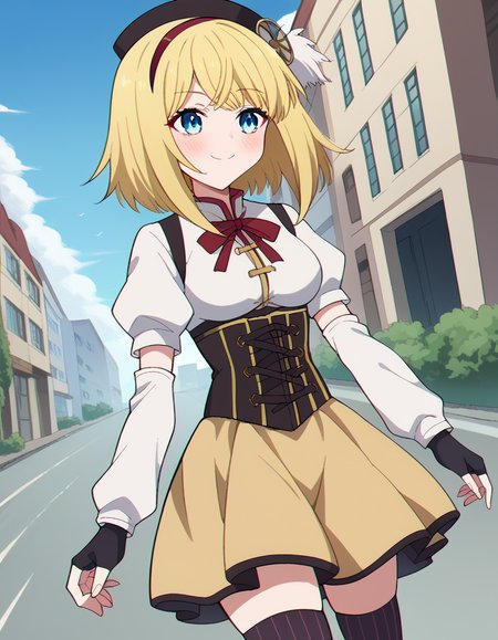 score_9, score_8_up, score_7_up, source_anime, <lora:taktop-destiny-s1-ponyxl-lora-nochekaiser:1>, destiny, short hair, bangs, blue eyes, blonde hair, hairband, medium hair, red hairband, medium breasts,, <lora:mami-tomoe-cosplay-ponyxl-lora-nochekaiser:1>, mamitomoecosplay, tomoe mami (cosplay), black gloves, black headwear, black thighhighs, brown skirt, detached sleeves, fingerless gloves, gloves, magical girl, pleated skirt, puffy short sleeves, short sleeves, skirt, corset, striped clothes, striped thighhighs, white shirt, white sleeves, ribbon,, outdoors, street, smile, blush, , dutch angle, cowboy shot