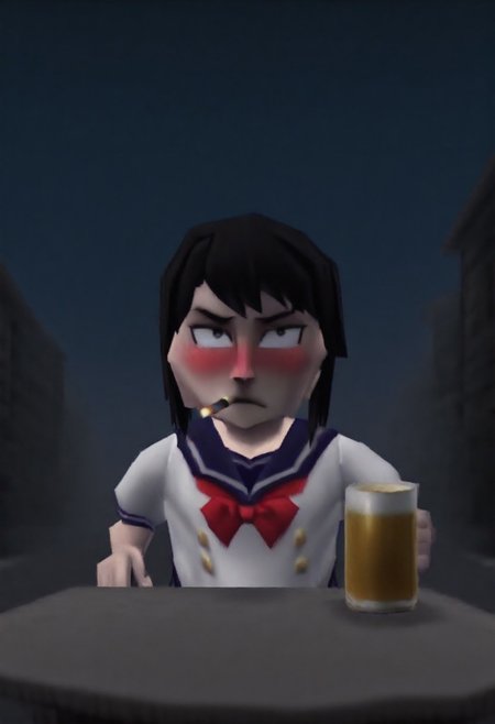 n64style, low poly, 3d, blurry, vhs artifacts, low quality,  bad quality, yanderechan, smoking cigarette, holding, beer, 1girl, solo, outdoors, night, close-up, drunk, blush, frown, squinting, sailor school uniform, red bow, annoyed, disapproving