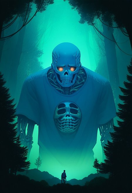 score_9, score_8_up, score_7_up, score_6_up, score_5_up, flat color, sinozick style, john kafka, (1man, blue skeleton), cool shirt, (forest, giant, CR33P1NGF0G, fog)