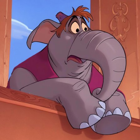 (score_9 | score_8_up | score_7_up) ((masterpiece:1))(best quality,very high quality,ultra detailed:1.2) (2D,cartoon style,anime style)(Smooth:2)(clean blurring) (four fingers on each hand,one thumb on each hand:1), Abu elephant, elephant, solo, brown hair, grey skin, black eyes, trunk, trunk nose, elephant trunk, elephant ears, monkey tail, purple vest, red and purple hat