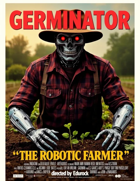 (Terminator) with robotic hands and red eyes with a farmer clothing, hat, plaid shirt planting seeds in a garden, vegetables, photography, photorealistic, sci-fi, Title: "GERMINATOR", sci-fi stylish letters, "Subtext: "The robotic farmer!", Show movie credits "directed by Edurock", <lora:MoviePoster02-00_CE_FLUX_128AIT:1> mvpstrCE style