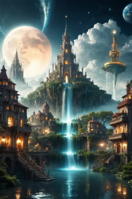 masterpiece, best quality, amazing quality, very aesthetic, absurdres, newest,  unity 8k, blurry background, Depth of Field
scenery, planet, waterfall, fantasy, no humans, cloud, star (sky), castle, earth (planet), water, sky, floating island, city, space, outdoors, tower, starry sky, moon, cityscape, above clouds, city lights, building, architecture, fountain, science fiction
 <lora:add-detail-xl:1> <lora:Fant5yP0ny:1>