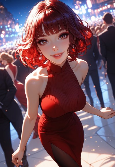 safe_pos, score_9, score_8_up, score_7_up, score_6_up, score_5_up, score_4_up, 1girl, (score_9, score_8_up:1.1) 1girl, 1girl, in red dress with neckline, red dress, red long lush hair, dark eyeshadow, short tangle hair, detailed skin, detailed character design, ultra-high resolution, perfectly composed, clear, dynamic angle, breathtaking attention to detail, highres, ultra detail, solo, portrait, BREAK,dancing, beautiful face, perfect face, beautiful eyes, detailed eyes, focus that breast, smiling, beautiful eye shadow, background,Solid colored dress with open shoulders and slit, elegant simple fit and flare dress, many people, stands out in the crowd, lights shining directly on her, perfect glow, night, beautiful glow, red heels on a very high platform, focus angle on her face, dark night,perfect face, detailed face, perfect facial features, sexy face, looking at the camera, beatiful face, round face, detailed face, medium breasts, round breasts, ideal breasts, cute face, round face, young face, fit body, big breasts, perfect ass, sweet ass, fit ass,leggings, arching ass, smokey black eyeshadow, long eyelashes, eyeliner,full lips, close up on face, face close up, perfect hands,depth of field,blurred background close camera,outs, natural lighting, detailed background, light coming,rtx on, rtx,dark night glow, closed camera on face,higher camera,