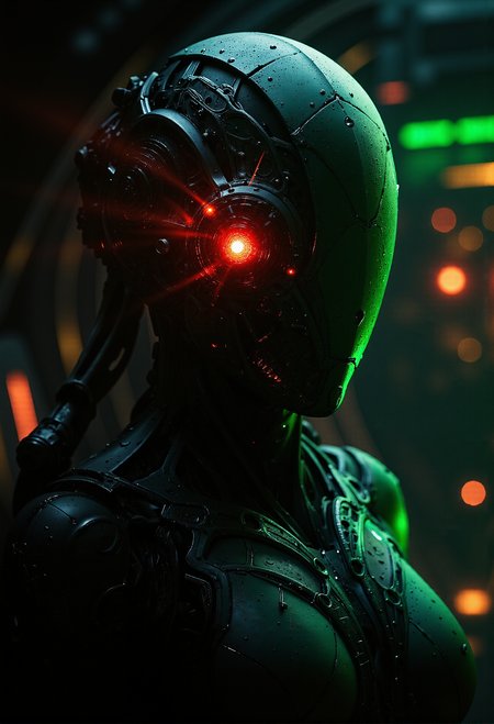 analog film photo . Depict Captain Picard as Locutus of Borg from Star Trek. He is a Borg drone with intricate mechanical augmentations, including cybernetic implants on his head and body. A red laser beam emits from his eye implant, glowing ominously. He stands inside a dark, metallic Borg cube environment, with black and green hues and sharp geometric structures. The background features complex, futuristic machinery and glowing green interfaces, evoking the cold, oppressive atmosphere of a Borg starship. detailmaximizer,  <lora:aidmaImageUpgrader-FLUX-V0.1.safetensors:1.0>,  <lora:flux_sparklycism.safetensors:0.33>,  <lora:- Flux1 - vanta_black_V1.0.safetensors:0.75>,  <lora:dark_fantasy_flux.safetensors:0.5>,  <lora:ARTifacts.safetensors:0.5>,  . faded film, desaturated, 35mm photo, grainy, vignette, vintage, Kodachrome, Lomography, stained, highly detailed, found footage