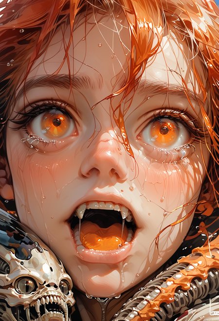 animalclose-up, girl and a xenomorph, girl has red hair and tears-orange eyes, mouth covered, wet, drooling,fangs, metallic luster,score_9,score_8_up,score_7_up, hyper-Detailed, photography, masterpiece, best Quality,realistic Details,film Grain,dof,