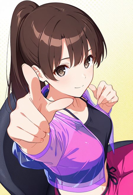 1girl,m3gum1kat0,brown hair, bangs, pupils,brown eyes,medium breasts, long hair, ponytail ,
 soft smile , upper body, crop top, translucent fabric jacket, sitting on chair,pointing at viewer, looking at viewer, 
colorful, screentones, from above, from side, dynamic angle, stylish pose, fashion pose, masterpiece, best quality, ultra-detailed, best illustration, ((detailed eyes))