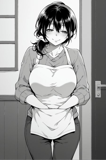 score_9, score_8_up, score_7_up, monochrome, manga_source, best background, detailed background, manga, grayscale  Amako, sweater, apron, horny, naughty face, solo, standing, indoors,  <lora:JN_Amako:0.8>