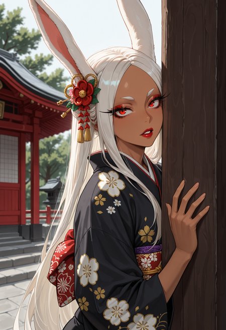 masterpiece, best quality, highres, absurdres, very awa, 1girl, solo, okrim, dark-skinned female, muscular female, rabbit ears, rabbit girl, white hair, long hair, long eyelashes, parted bangs, geisha, pale skin, makeup, red lips, nihongami, flower, kanzashi, hair ornament, japanese clothes, kimono, black kimono, outdoors, peeking out, upper body, red eyes, obi, obiage, sash, floral print, shrine, east asian architecture, tree, looking at viewer, blurry, blurry background, parted lips