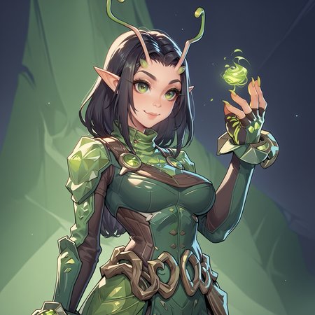 score_9, score_8_up, score_8, score_7_up,score_7, source_anime, rating_explicit, hires, (detailed,best quality:1.2),(<lora:Expressive_H:0.5>), (<lora:JGStyle:0.7>), 1girl, (skinny:1.1), large breasts,  <lora:Marvel_Rivals_-_Mantis:0.7> ,black hair, layered hair, side-swept bangs, green antennae, elf ears, insect-inspired outfit, green and black bodysuit, armored bodysuit, leaf-like armor, bioluminescent accents, glowing green details, gauntlets with glowing orbs, clawed gloves, tactical belt, armored boots