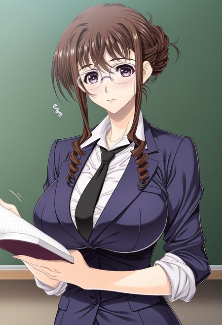 masterpiece, best quality, newest, highres, uncensored, 1girl, yokota mamoru style,1girl, slender face，motion lines,blush
Onda Honoka,Brown Hair, Long Hair, Ringlet Hair, Wavy Hair,Big Breasts,Slim
1girl,solo
1girl,front view, looking at viewer, standing, upper body, holding a book, bangs, white shirt, teacher, shirt, blue jacket, glasses, single hair bun, necktie, rolled up sleeves, masterpiece, 8k, intricate details, ultra detailed, hyper detailed, ultra detailed hair, ultra detailed face, ultra detailed hair, ultra detailed body
