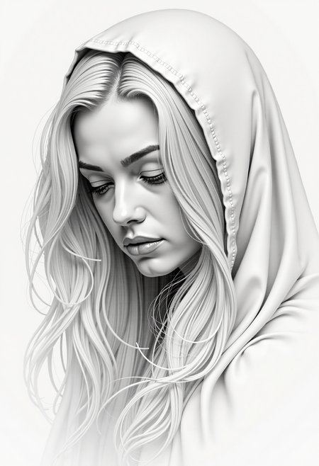 A close-up portrait in monochrome pencil and charcoal drawing of a woman with an almost ethereal beauty. She gazes thoughtfully with her head slightly bowed at the ground.

The composition uses soft and smooth transitions in white and gray tones achieved with pastel chalks.

Her face is narrow, with half-closed eyes, beautiful eyebrows, and eyelids drawn slightly darker. She has a straight nose and well-formed lips. Her long, flowing white hair cascades down her shoulders in soft waves. She is wearing a flowing, white cloak that drapes elegantly around her, partially covering her hair. 

This transition between her hair and the cloak is painted with blurry, smooth, flowing lines. 
The drawing captures a serene and calming atmosphere, emphasizing the delicate and realistic details.