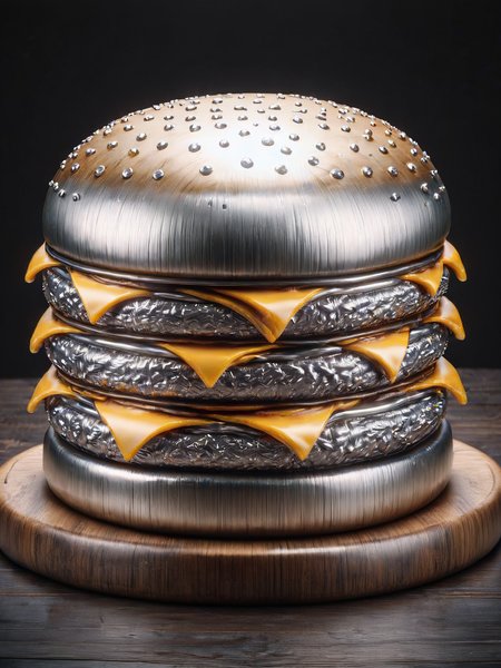 An ais-steelz cheeseburger, the latest creation from Salt Bae, on display on a dark oak table <lora:Brushed_Steel_Style_SDXL:1>