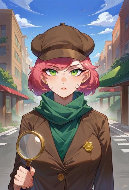 Masterpiece, High quality, OC, Female Adult woman, solo, 1girl, Detective woman, Short pink hair, Green eyes, Long Brown detective coat, brown Detective deerstalker hat, green scarf, black pants, serious face expression, looking through magnifying glass, Bending downward, Brooklyn streets, nighttime, Tall light pols, Fog