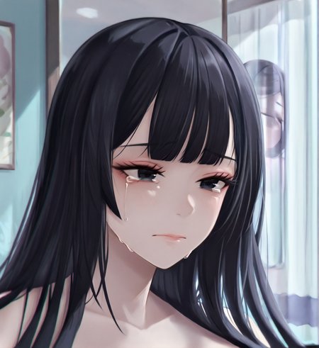 <lora:MIHO:1.3>,1girl, (kaguya hime:0.9), huge breasts, wide hips, kaguya-hime no monogatari, asian, bad anatomy, black eyes, black hair, close-up, closed mouth, crying, crying with eyes open, expressionless, eyelashes, hatching (texture), light blue background, lips, long eyelashes, looking afar, loose hair strand, portrait, realistic, reflection, sidelighting, single tear, solo, straight hair, tearing up, tears, 
very awa, masterpiece, best quality, highres, absurdes,amazing quality,very aesthetic,intricate details, <lora:hand 5.5:1>