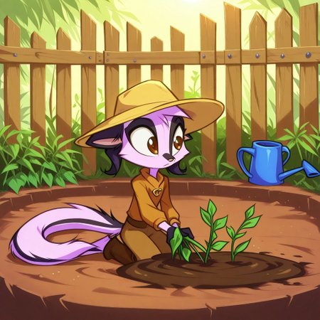Dreamkeepers,1girl,Prelude_Vi,solo,furry,tail,source_furry,hazel eyes,
child, kid, 
shovel, soil, seedlings, watering_can, garden_bed, boots, hat, fence, sunlight, hoe, A backyard garden with fresh-tilled soil, someone kneeling to plant seedlings into neat rows. A watering can tips gently over the dirt, boots are caked with mud, and a hat shields them from the sun as a wooden fence frames the scene