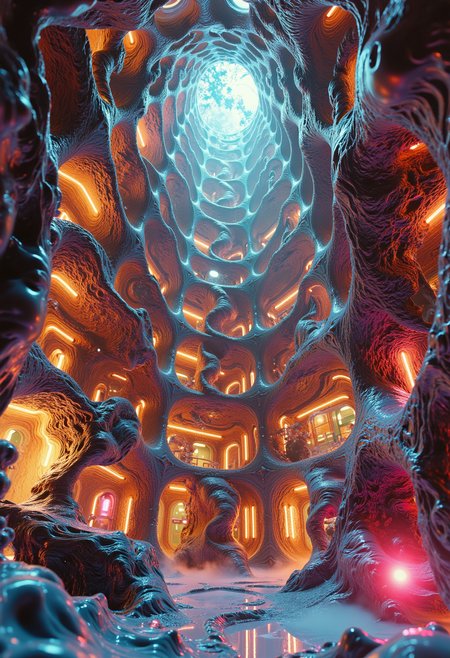 Pinnacle of fractal architecture, Mandelbrot mansion, self-similar structure element, recursive designer persona, mind-bending, visually infinite, labyrinthine, intricate geometric pattern details, kaleidoscopic color scheme, non-Euclidean space lighting, endlessly nesting rooms and hallways