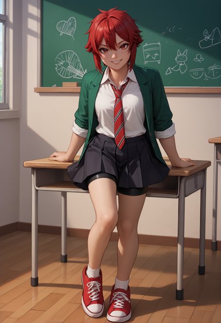 score_9, score_8_up,score_7_up, source_anime, 1girl, solo, <lora:aizwtm_pdxl_EliPot:1>, outfitgrnsc, red hair, short hair, red eyes, tomboy,
collared shirt, striped necktie, pleated skirt, school uniform, green jacket, white shirt, red footwear, black shorts, sneakers, open clothes, bike shorts under skirt, red necktie, open jacket, sleeves rolled up, black skirt,
smile, classroom,