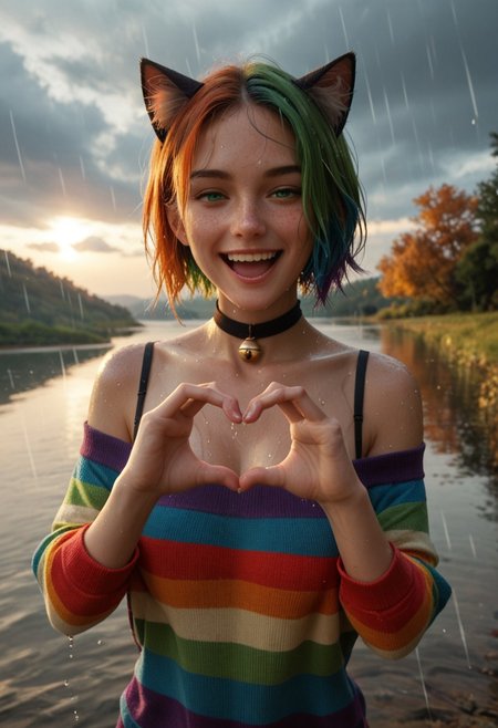 score_9, score_8_up, score_7_up, score_6_up, 
1girl, 25 years old, perfect face, looking at viewer, adult, sexy,
freckles, green eyes, 
short hair, rainbow hair, cat ears, wet hair,
bell, cute choker, 
rainbow sweater, off-shoulder sweater, wet clothes,
standing, excited, laughing, happy, half-closed eyes,
scenery, autumn, 
dark clouds, rain, water drop, small beam of sunlight, rainbow, 
heart hands,
