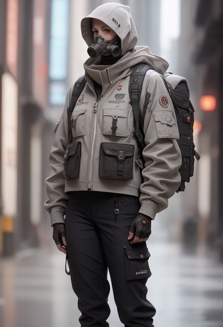 score_9, score_8_up, score_7_up, score_6_up, score_5_up, score_4_up, source_real, cowboy shot, full body, heavy fog, techwear, solo, (scifi gas mask),gloves, long_sleeves, standing, jacket, pants, hood, bag, no_humans, blurry_background, backpack, helmet, robot, mecha, 1other, zipper, science_fiction, realistic, humanoid_robot, Vivid Colors, high Contrast,