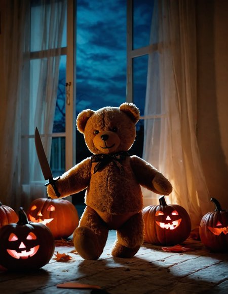 masterpiece, cinematic,perfect lighting, detailed, dynamic view, perfect composition,BREAK,
((A cute teddy bear running with a knife in his hand)), on  the floor (in a  bedroom), lifted curtains,(at night),smile,dead leaves flying through the (open window),wind,BREAK,
(Halloween decorations with pumpkins:1.3),horrific ambient,low light, view from the ground, low angle, detailed background, motion blur,BREAK