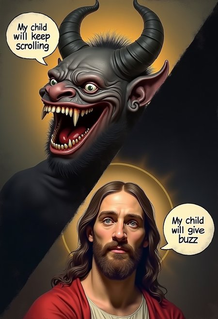 A two panel image split diagonally. On the top left panel there is a smiling face of a horrible horned demon with his mouth open. A speech bubble with letters spelling out "my child will keep scrolling". On the bottom right panel is the kind  face of Jesus, with a speech bubble with letters spelling out "My child will give buzz"
4k, masterpiece, make the text legible.