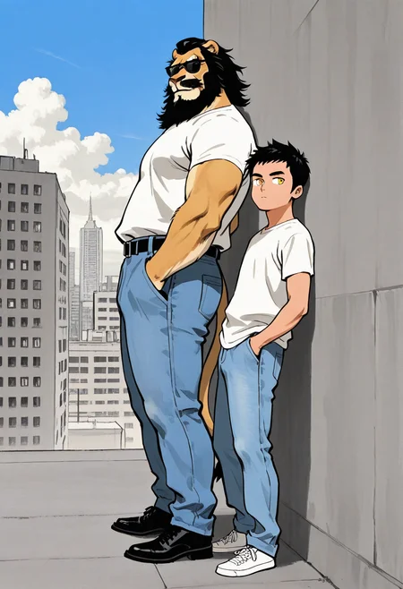 2boys, duo, age difference, furry and human, side-by-side, looking to the side,
BREAK
white shirt, jeans, hands in pockets, (sunglasses:1.3), leaning back, leaning on wall, from side, black footwear,
BREAK
lion boy, furry, tusks, yellow eyes, beard, long sideburns,
black hair, large pectorals, thick thighs, thick arms, 
thick mustache, thick eyebrows, thick arms, short hair, thick thighs,
BREAK
human, 30-yo human boy, hairless boy, skinny boy, boy with black eyes,
BREAK
city, cloud, skyscraper,
BREAK
<lora:Ink_wash_painting_style_from_Doubao_AI_v1:1> dbiwpstyle, retro artstyle, traditional media,
BREAK
best quality, masterpiece, very aesthetic, absurdres, highest detailed, very awa, simple background,