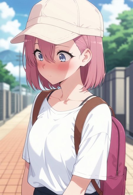 masterpiece,best quality,amazing quality, amano ririsa, short hair, pink hair, blue eyes, 1girl, hat, solo, blush, outdoors, sky, blurry background, hair between eyes, collarbone, bag, blurry, backpack, day, cloud, shirt, white shirt