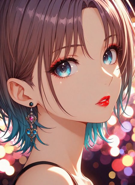 The image is a masterfully rendered anime-style digital illustration with precise linework, vivid colors, and polished shading., 
low saturation, (bokeh:1.2), blurry background, low contrast, dynamic lighting,
BREAK
1girl, solo, asakura toru, short hair, brown hair, blue hair, blue eyes, parted bangs, bangs, multicolored hair, gradient hair, parted lips, red lips, earrings, lips, lipstick, makeup,
bare shoulders, eyelashes,
BREAK
portrait, looking at viewer, jewelry, (looking to the side:1.1), lips, close-up,
<lora:Eyes_High_Definition:0.7>, eyesHD, high gradient eyes, detailed eyes, high definition eyes,