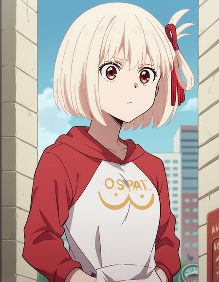 score_9, score_8_up, score_7_up, source_anime, chisatonishikigi, <lora:chisato-nishikigi-s1-ponyxl-lora-nochekaiser:1>, chisato nishikigi, short hair, bangs, blonde hair, red eyes, hair ribbon, one side up, bob cut,, <lora:oppai-hoodie-ponyxl-lora-nochekaiser:1>, oppai hoodie, hoodie, raglan sleeves, clothes writting, hands in pocket,, outdoors, street,, cowboy shot, dutch angle, solo,