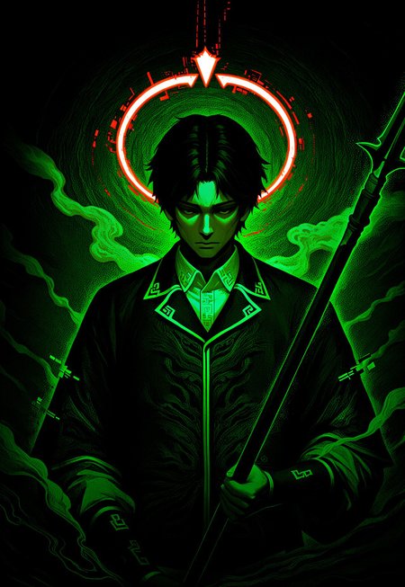 masterpiece, very aesthetic, newest, high score, best quality, absurdres, End_Dynasty_Warriors_4, 1solo, 1boy, male focus, shirt, upper body, collared shirt, abstract, short hair, face halo, vapor, smoke, glitch, chinese clothing, warrior, glowing, spear, holding weapon
