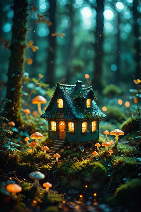 tiniest house ever,tilt shift,dark shot,analog photo,bokeh,night,darkness,warm dramatic light,forest,moss,firefly,macro photo,mushrooms,vignetting,film,teal and orange,
(center composition, symmetry composition:0.1),<lora:MJ52:0.2>,<lora:Toy_Camera:0.4>,