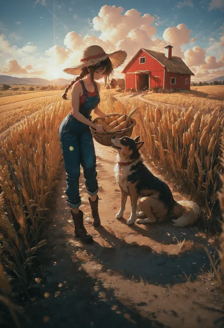 masterpiece, very awa, amazing quality, best quality, newest, highres, absurdres, 1girl, single braid, straw hat, red tank top, smile, blue overalls, brown boots, holding corn basket, looking down, corns, outdoors, farm, red barn, wheat field, dog, path, sunset, lens glare, depth of field, oil painting \(medium\), painterly, blue sky, fluffy clouds, warm sunlight, detailed background, scenery, landscape, dreamy atmosphere, nostalgic, melhanconic, focus scenery, <lora:NOOB_vp1_detailer_by_volnovik_v1:0.3> <lora:ponyv6_noobV1_2_adamW-000017:0.3> <lora:illustriousXL_stabilizer_v1.23:0.3> <lora:ç»ªå¿_åæ¶æå¾åå½±è´¨æå¢å¼ºV3:0.45> <lora:mon_monmon2133:0.4> <lora:KonyaKarasue-000008:0.45> <lora:96YOTTEA-WAI:0.4>