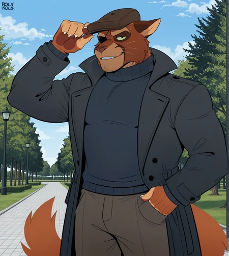 roly, jinu, (solo), anthro, furry, male, manly, viktor vasko, muscular, bara, pants, hat, black turtleneck sweater, black coat, day, park, blue sky
BREAK masterpiece, best quality, amazing quality, very aesthetic, high resolution, ultra-detailed, absurd res, newest,   <lora:ViktorVasko:1>