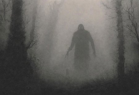 dark, horror, deep in the forest, giant monster, in the mist, fog, more mist