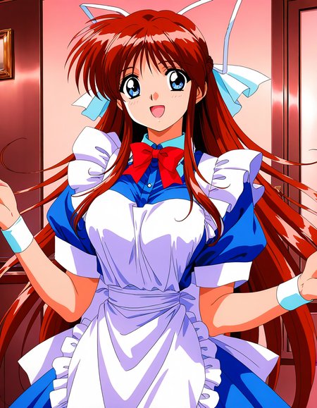 general,highres, game cg, ultra-detailed,very aesthetic,best quality ,best hands,  BREAK <lora:Hinomori_Azusa_OVA_IS:1> 1990s \(style\),anime coloring, open mouth,
Hinomori_Azusa_OVA, 1girl, very long hair, brown hair, white ribbon, blue eyes, hair ribbon, breasts, bangs, 1990s \(style\),anime coloring, 
solo, wristband, apron,  bow, short sleeves,  blue maid, frills,  smile, blue dress, looking at viewer, red ribbon, pink frill,