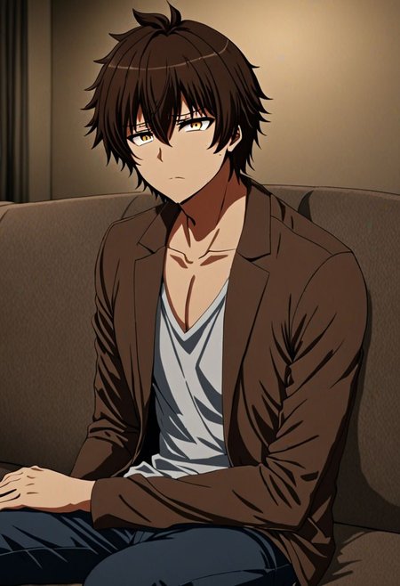 high resolution, solo, best quality, 1Boy, Seiya Kanie, Brownish Hair, deep talk, depression, sit, couch, OverallDetail