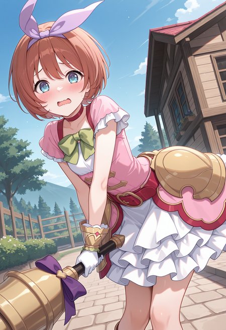 highres, best quality, masterpiece, backyard, 
1girl, solo, pcrkrmi, short hair, brown hair, hairband, hair ribbon, blue eyes,
pkrmdef, purple ribbon, short sleeves, pink dress, white shirt, green bowtie, red choker, red belt, hip armor, white gloves, white skirt, layered skirt,
looking at viewer, blush, open mouth, wavy mouth, embarrassed, 
standing, leaning forward, dynamic pose, blue sky,
huge bell, holding weapon,
<lora:_kurumi_pcr-elesico-ilxl:1>