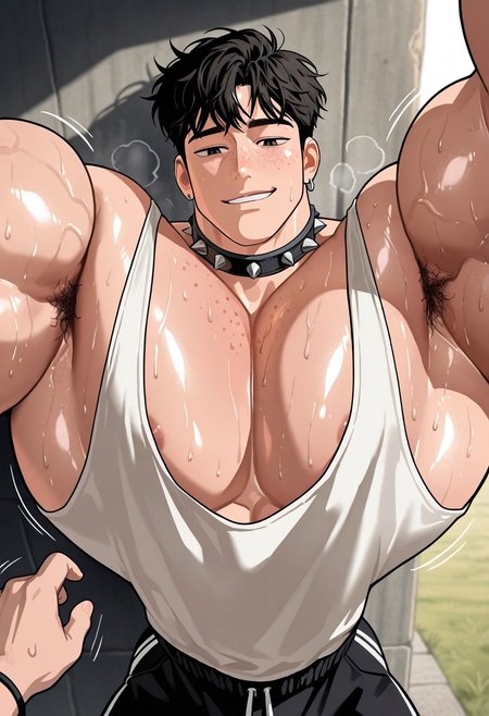 very awa, viewer pov, ultra detailed, masterpiece, best quality, absurdres, newest, perfect quality, detailed background,intricate details,cel shading,natural lighting,cinematic, detailed face, male focus, 1boy (human), bishounen, korean, lowered eyelids, smug, unbothered, freckles (face, body), short dark hair, messy hair, huge muscles, thick neck, huge traps, veiny muscles (very thick veins), small waist, sweaty (shiny skin), musky (steamy, musk clouds), silver jewelry (earrings, bracelets, spiked collar), tank top (plunging neckline), streetwear,  detailed background, outdoor setting, Uneven muscle growth, muscle growth, thick motion lines, growth effects, dynamic angle, standing straight, looming, size difference, pov, pinning viewer to wall, reaching out, looking down at viewer, taller than viewer, seductive, teasing, casual, close-up, cutoff,