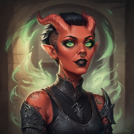(((beautiful, high quality))), upper Body, woman, goth, short hair, undercut hair, green eyes, score_9, score_8_up, score_7_up, Tiefling, pointed ears, horns, colored sclera, 1girl, red skin, black armor, green energy, looking at the viewer, posing, dynamic pose, blurred background, in the style of jeff-easley, oil painting, realistic, tattoos, black hair, piecings, black lipstick, black makeup, symmetrical horns, nose ring,