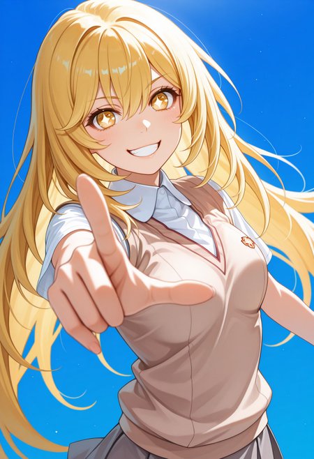 masterpiece,best quality,absurdres,highres,very aesthetic,high quality,detailed,insanely detailed,beautiful,perfect lighting, looking at viewer, smile, grin, , pointing at viewer, , open mouth, looking at viewer, smile, hair between eyes,, blue background,, upper body
 <lora:Shokuhou Misaki:1> 1girl, blonde hair, symbol-shaped pupils, star-shaped pupils, long hair, tokiwadai school uniform, summer uniform, brown sweater vest, pleated skirt, white shirt, collared shirt,  short sleeves, miniskirt, grey skirt,