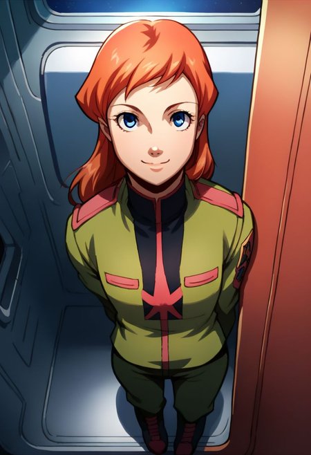 score_9, score_8_up, score_7_up, solo, 1girl, female focus, source_cartoon, 2D, solo, julie_power, red hair, blue eyes, flat chest, uniform, zeon officer, spacecraft interior, looking at viewer, smile, from above, full body